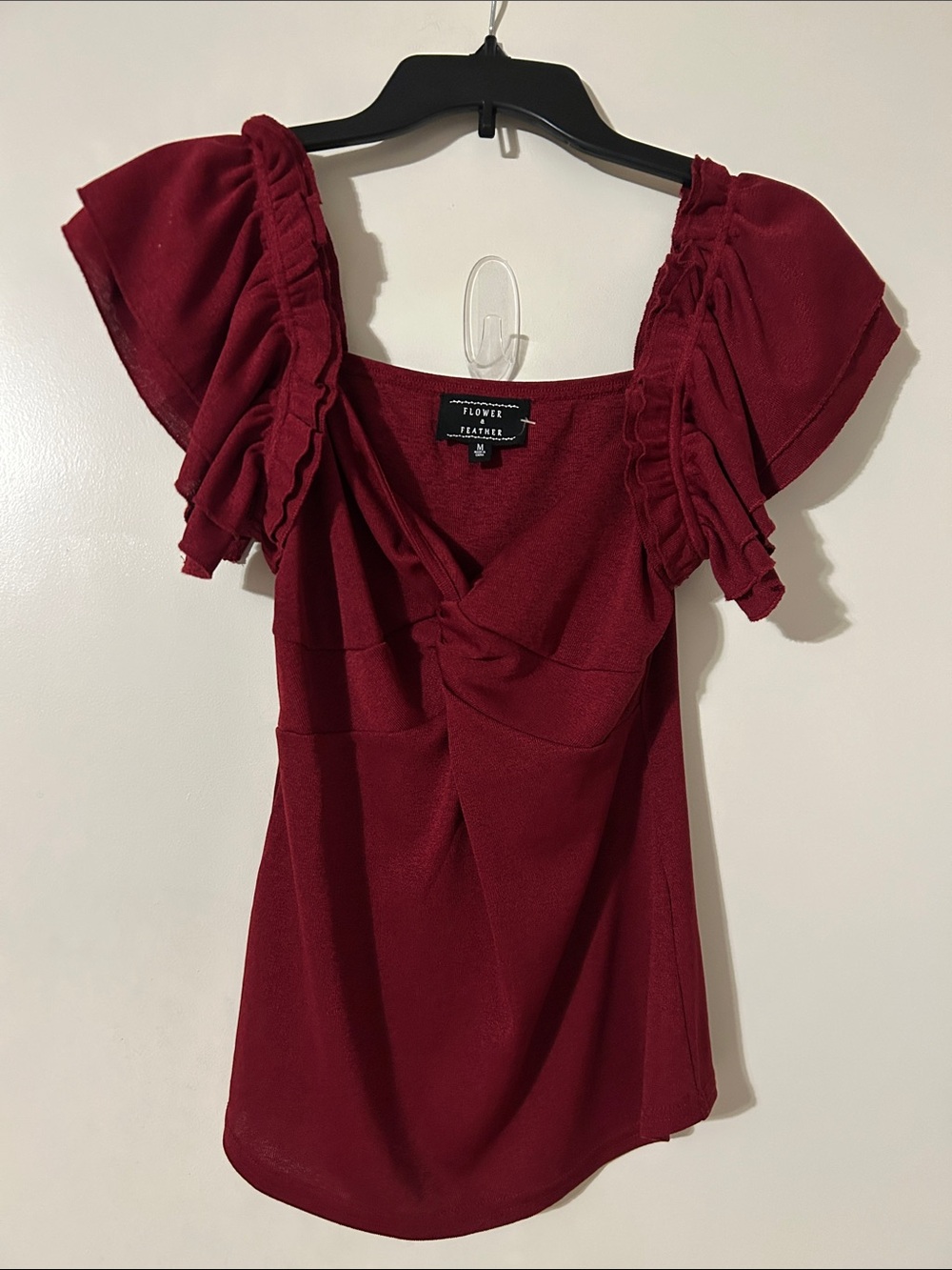 Flower + Feather Wine Red Ruffle Sleeve Blouse
